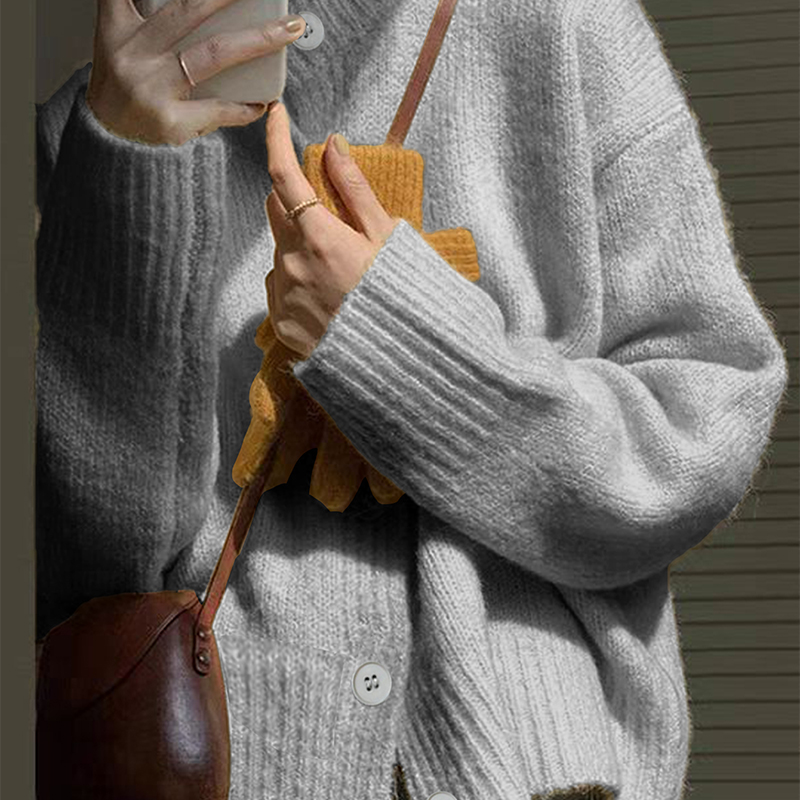 Women's new solid-color cardigan, versatile grey long-sleeved coat, romantic autumn outfit, going-out attire, back-to-school clothes---TVL048