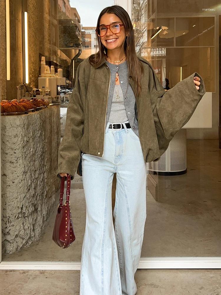 Lanjia- Women's Jackets TRAFZA 2025 Vintage Women Suede Texture Bomber Jacket Female Lapel Zipper Long Sleeve Casual Coat Soild Spring Street 175