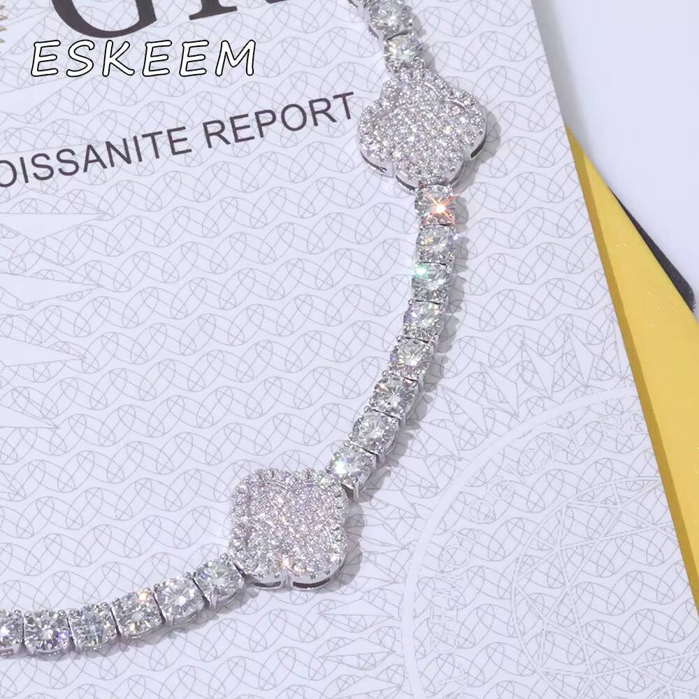 High Quality VVS Moissanite Four Leaf Clover Tennis Bracelet 925 Sterling Silver Gold Plated Iced Out Womens Jewelry