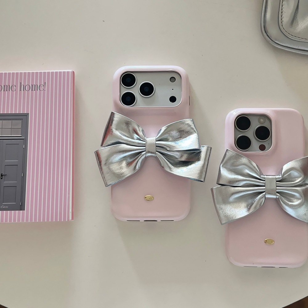 Leather Pink Bowknot Phone Case Compatible with iPhone 17 Pro Max Simple Solid Color Case iPhone 16/15 Pro Cartoon
