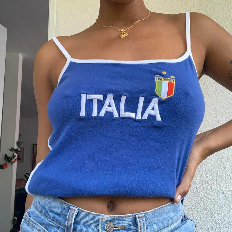 ITALIA Embroidery Sleeveless Crop Top Blue Sexy Basic Patchwork Summer Casual Camis Backless Y2k Vintage Tank Tops Women 250407