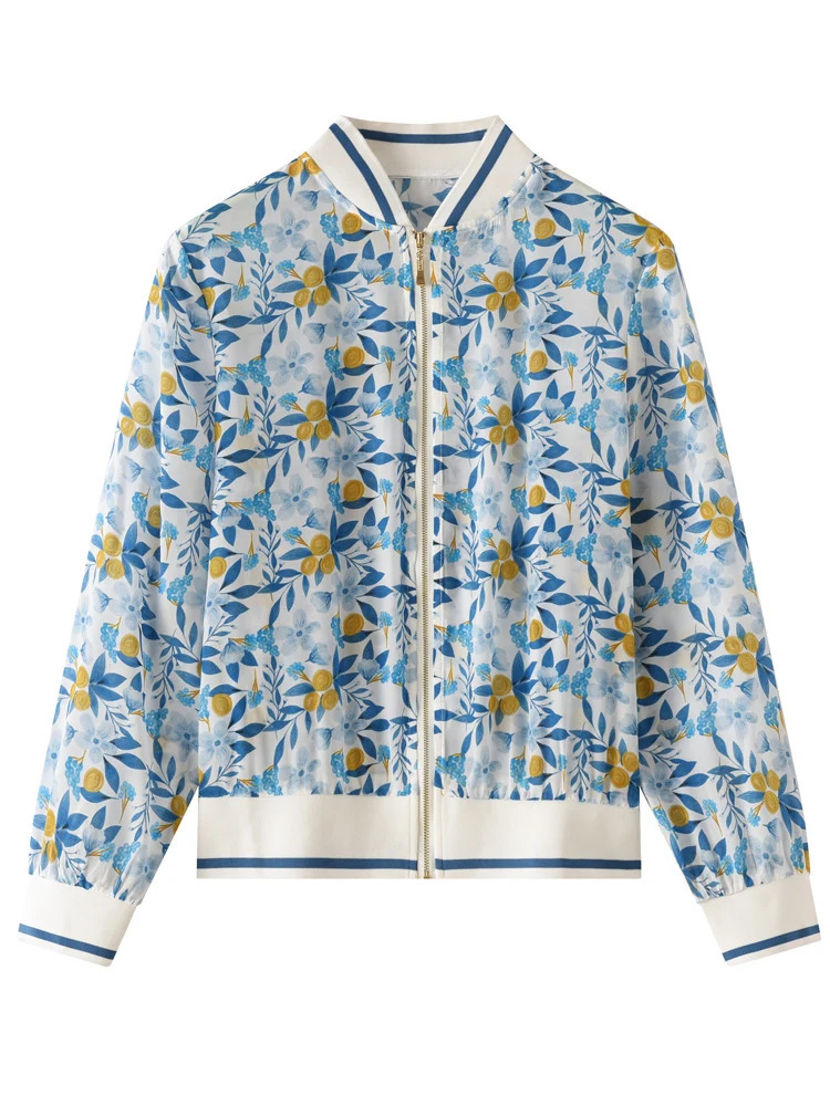 100% Raspberry Silk Womens Jacket Round Neck Thin Style Open Hemp Print Sunscreen SpringSummer Collection 250407