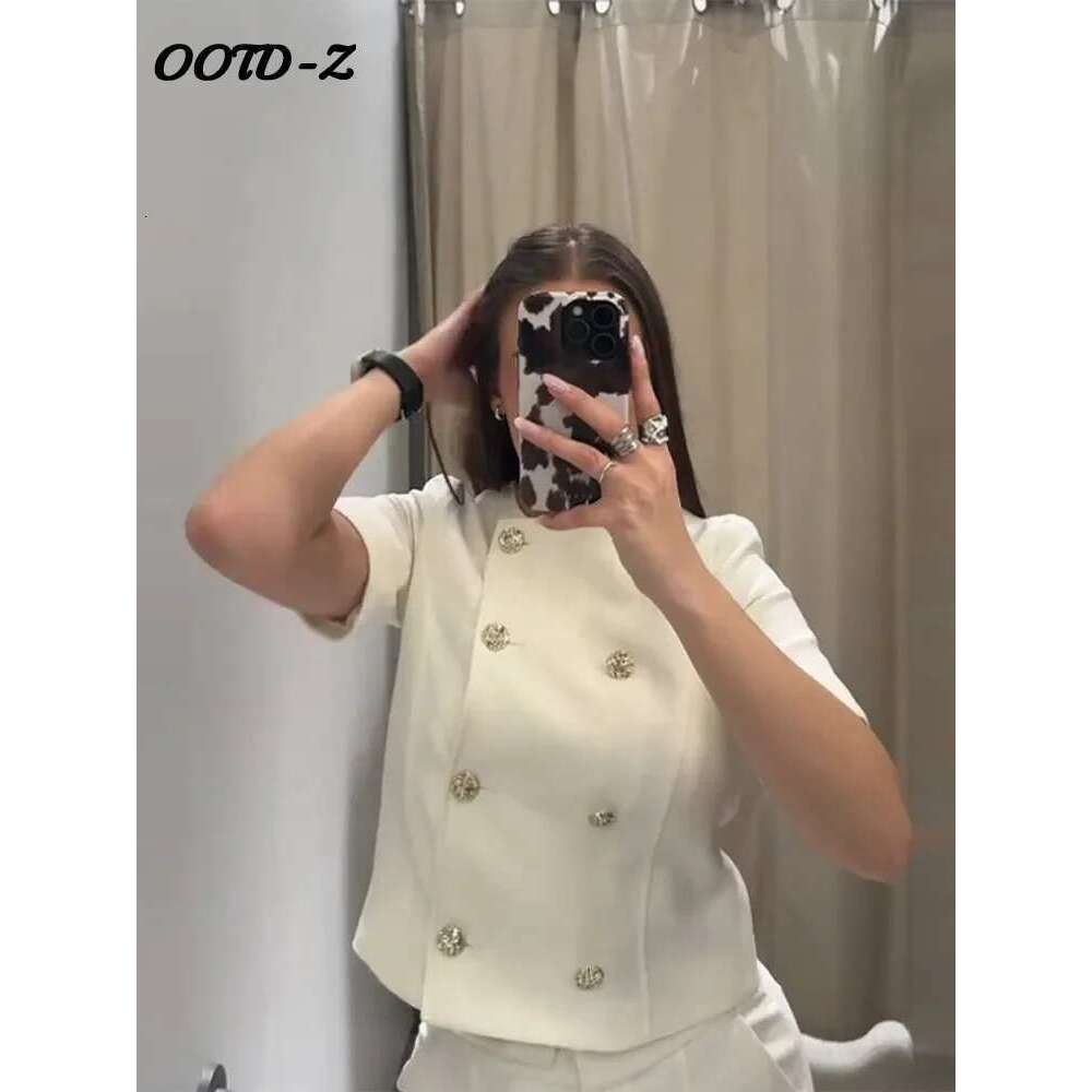 Elegant Solid Two Piece Sets Women Short Sleeve O-Neck Single Breasted Vests Wide Leg Pants Suit Lady Fashion High Street Outfit