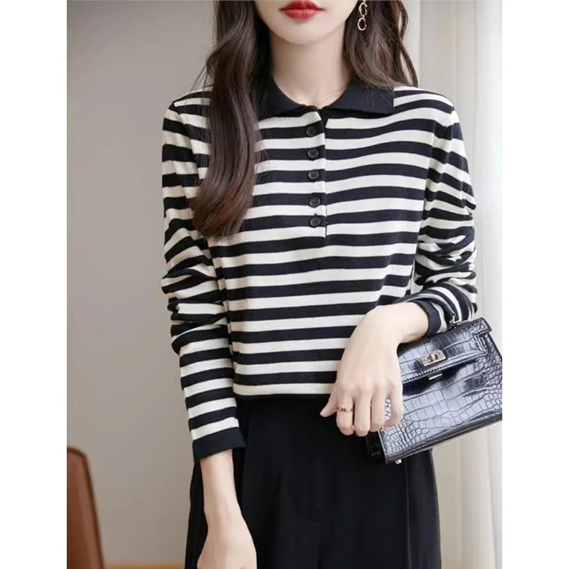 Fashion Lapel Button Spliced Striped Polo Shirts Female Clothing Autumn Winter Loose Korean Tops Casual Tee Shirt 250408