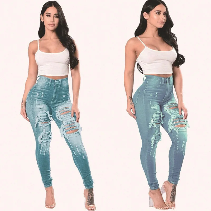 Womens High Waist Tear off Jeans Tight Black Pocket Elastic Slimming Pants 250407