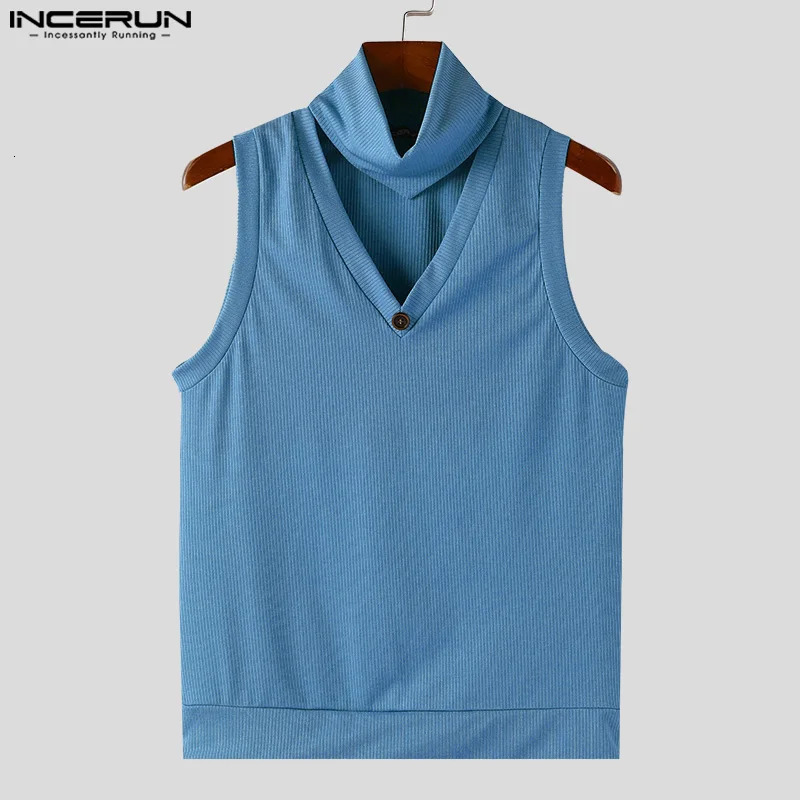 Mens Tank Top Solid Color Turtle Neck Sleeveless Hollow Street Mens Summer Fashion Casual Mens Wear INCERUN 250403