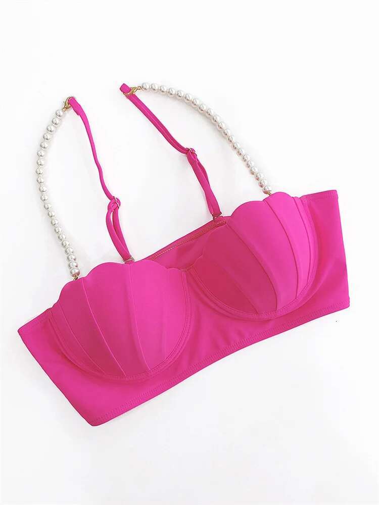 Dongdumaoyi Pearls Straps Shell Underwire Bikini Set Women Hot Pink Push Up Pleate Skirt Pcs Swimsuit Bathing Suit High Waist Swimwear