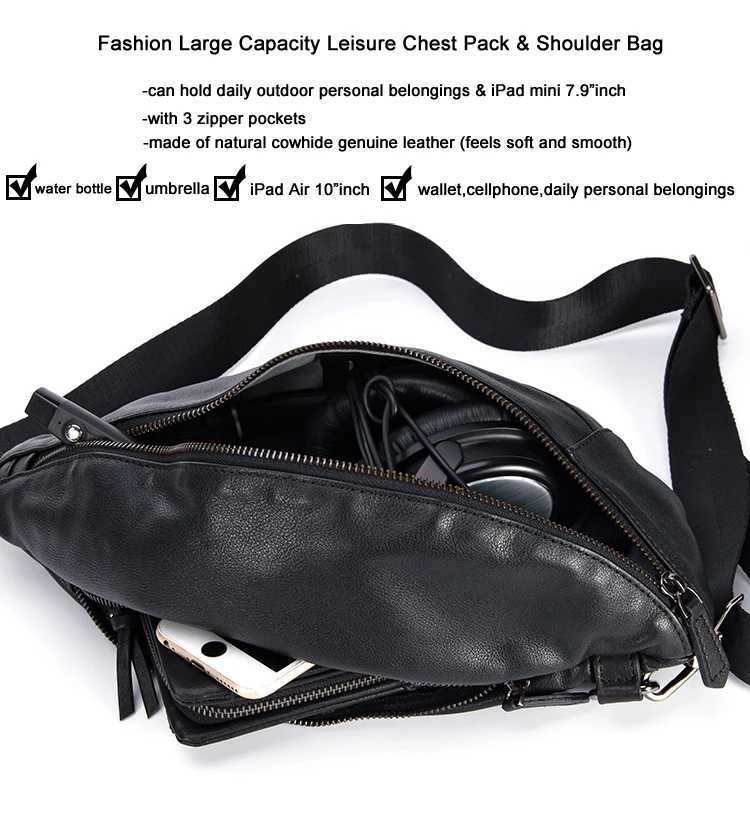 Fashion leather mens chest bag shoulder bag messenger strap bag mini casual bag cross body black M129 Z250407