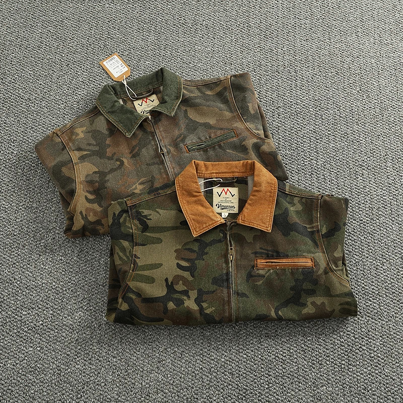 Mens Spring Casual Camouflage Jacket Retro Detroit Color Comparison Splicing Work Collar Heavy Cargo Jacket 250403