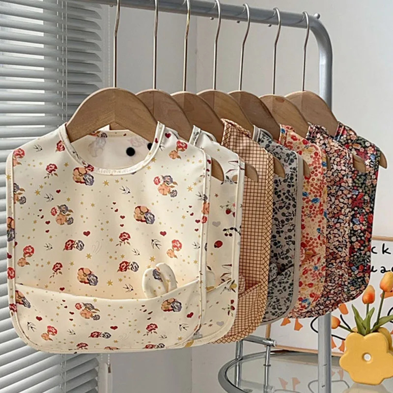 Baby Rabbit Ear Bib PU Soft Waterproof Cartoon Print Burp Cloths Feeding Bibs Infant Toddler Boys Girls Dirt Proof Apron Pocket 250408