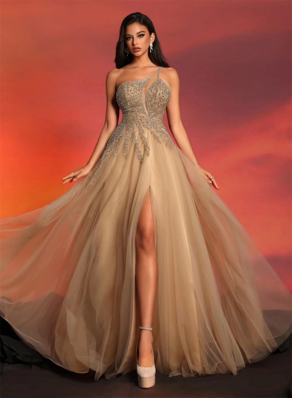 Long Prom Dresses Elegant One-Shoulder Sequins Beading Split Tulle Lase-up A-Line Plus Size Formal Occasion Evening Party Gown Pd12