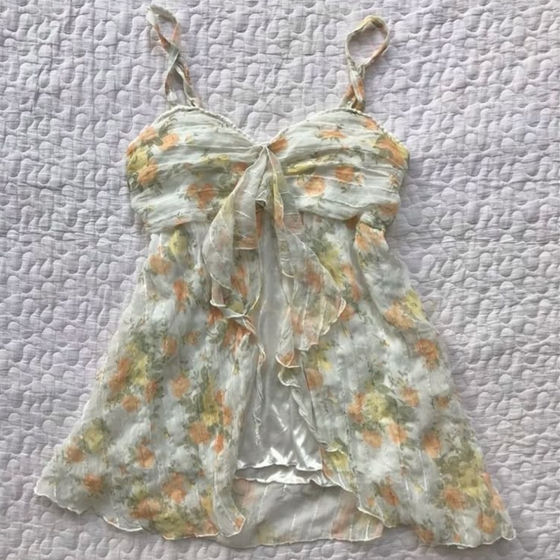 2000s Harajuku Aesthetic Womens Casual Camisole Top Sexy Slim Chic Silk Floral Crop Tops Kawaii Sweet Cute Girly Style Clothing 250407