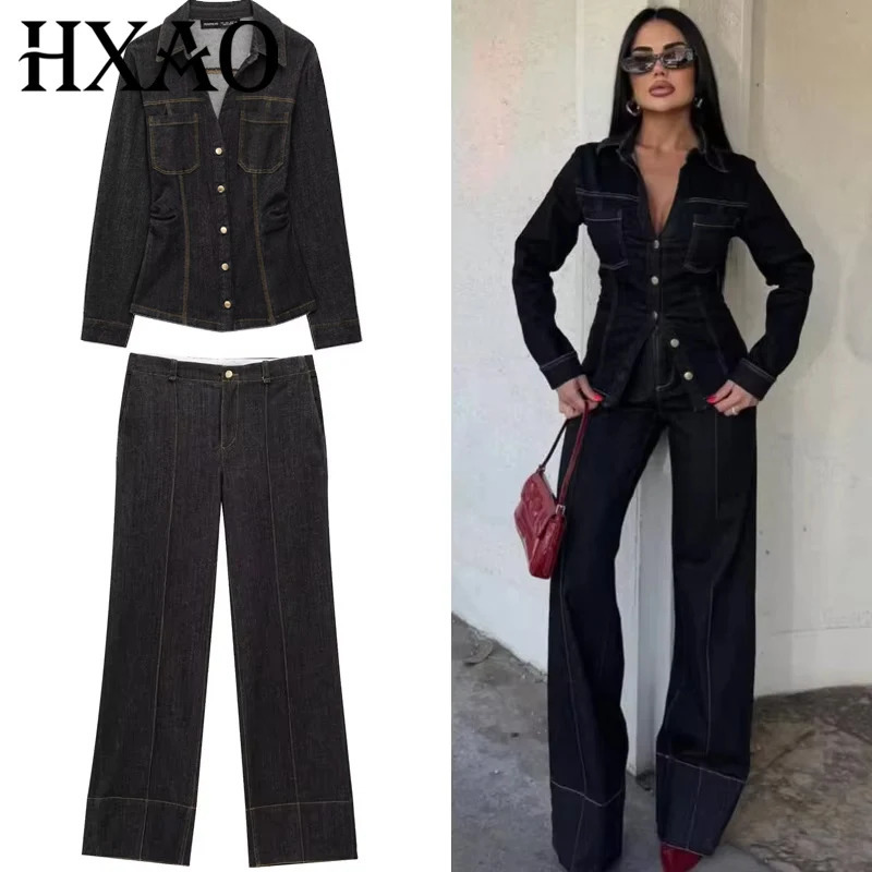 HXAO Black Denim Pant Sets Womens Two Pieces Set Slim Long Sleeve Shirt 2 Piece Sets Woman Outfit High Waist Flare Trousers Set 251105