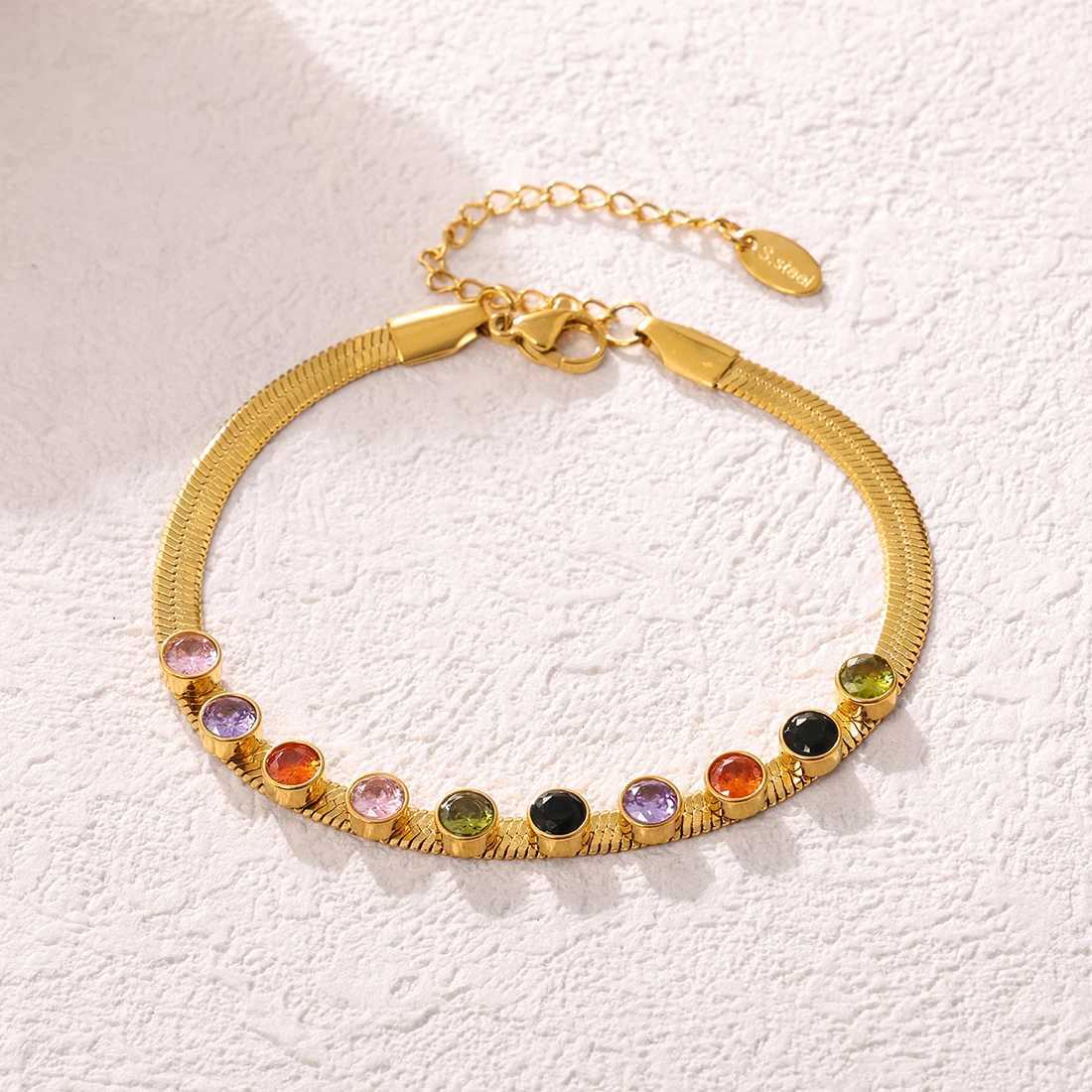 Fashionable colored zircon stainless steel necklace suitable for women gold-plated snake chain round pendant luxury jewelry Y250408