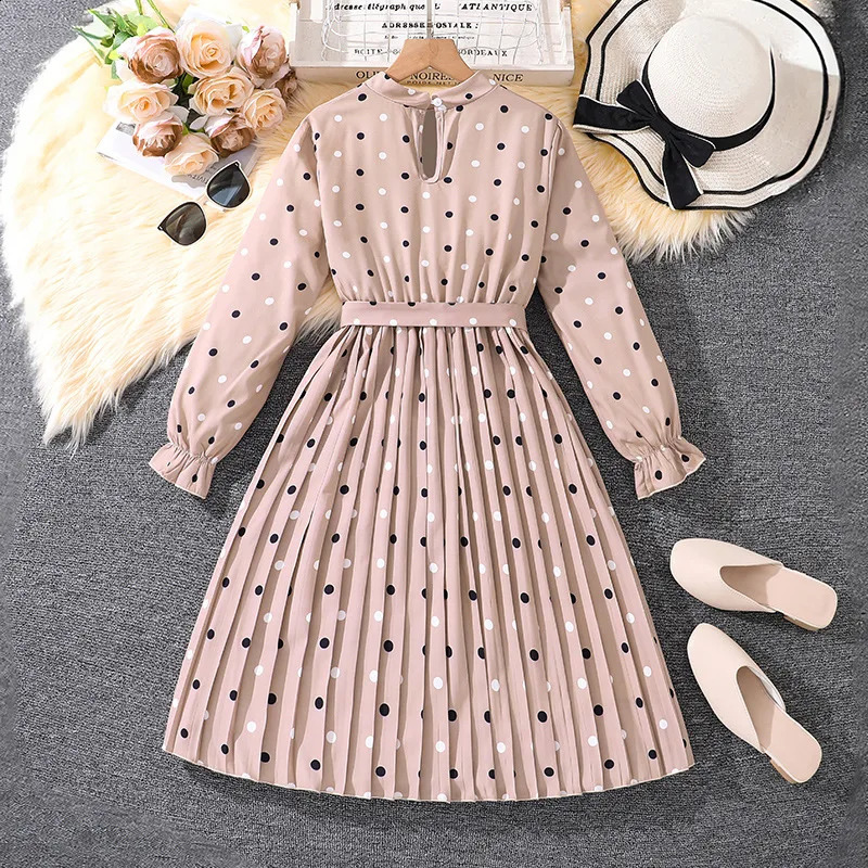 Kids Casual Dress for Girls Clothes Autumn Winter Children Fashion Dot Print Long Sleeve A-line Dress with Belt 7-14Y 250408