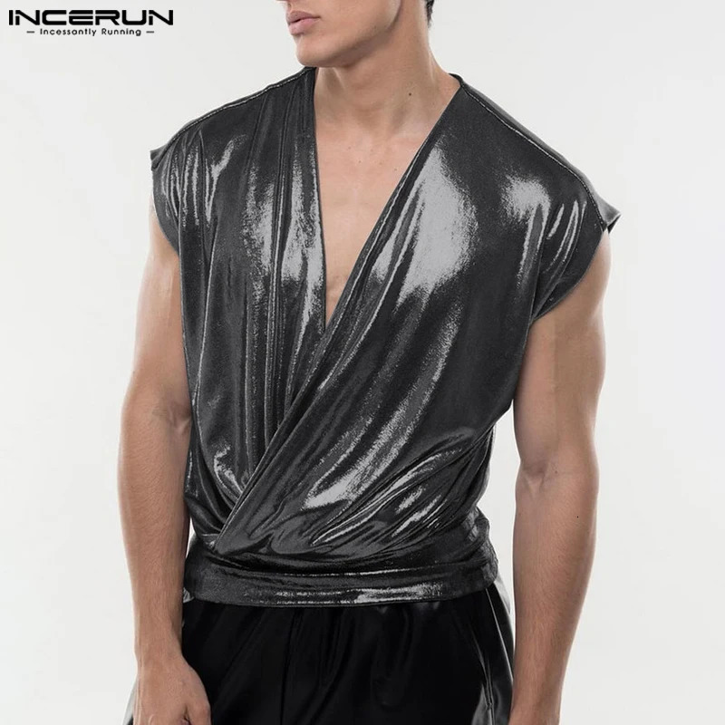 Mens Tank Top Sparkling V-neck Casual Mens Tank Top Solid Summer Fashion Mens S-5XL INCERUN 250402