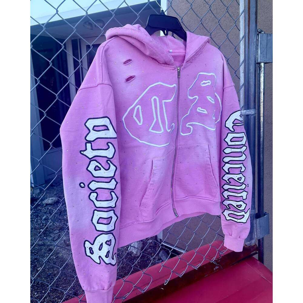 American embroidery, street hole design, unisex pink three-dimensional printed fashionable hooded sweatshirt