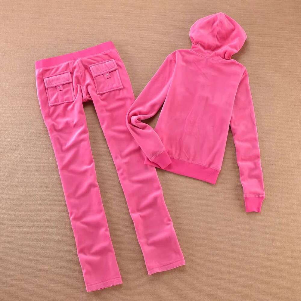 Tracksuit Women Veet Sports Suit 2Pc Thickened Solid Color Hooded Top + Casual Trousers