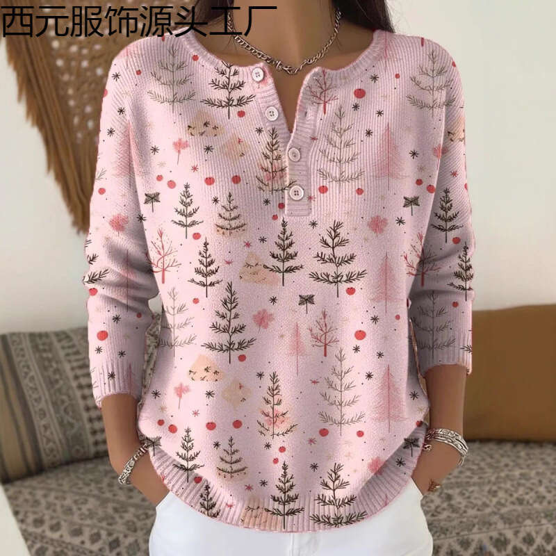 Independent New Retro 3D Digital Print Four-Button Stand Collar Polo Sweatshirt Women's Early Autumn