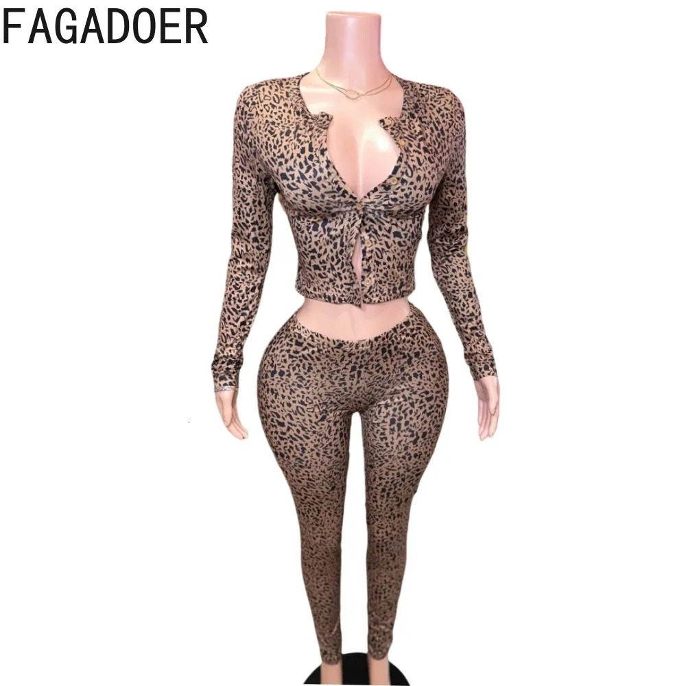 FAGADOER Fashion Leopard Print 2 Piece Sets Women Outfit Long Sleeve Crop Top Low Waist Skinny Pants Suits Female Streetwear 250407