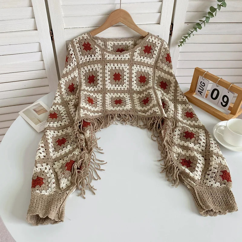 Granny Square Top Fringed Crochet Knitted Top Batwing Sleeve Pullover Sweater Women Teenage Girl Vintage Boho Festival Outfit 250408