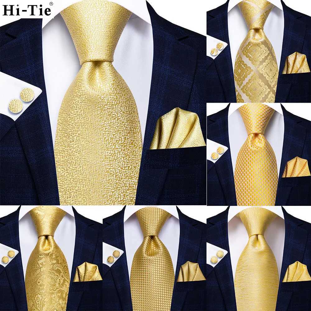 Hi-Tie w Gold Solid Paisley Silk Wedding Tie For Men Hanky Cufflink Gift Men Necktie Gravata Set Business Dropship Designer X250407
