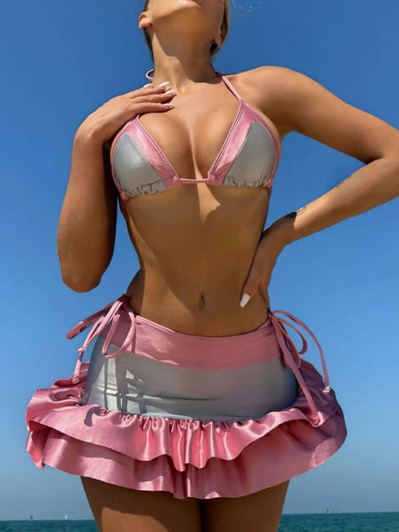 Dongdumaoyi Sexy Pink Contrast Bikini Set Women Oil Gloss Cloth Pleate Skirt Piece Swimsuit Bathing Suit Patchwork Thong Swimwear
