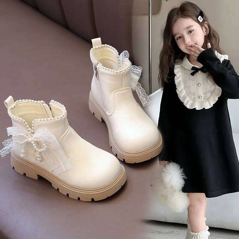 Princess Style Kids Leather Ankle Boots with Beaded Bow Soft Sole for Girls Autumn New 2025 Classic Christmas Party Footwear