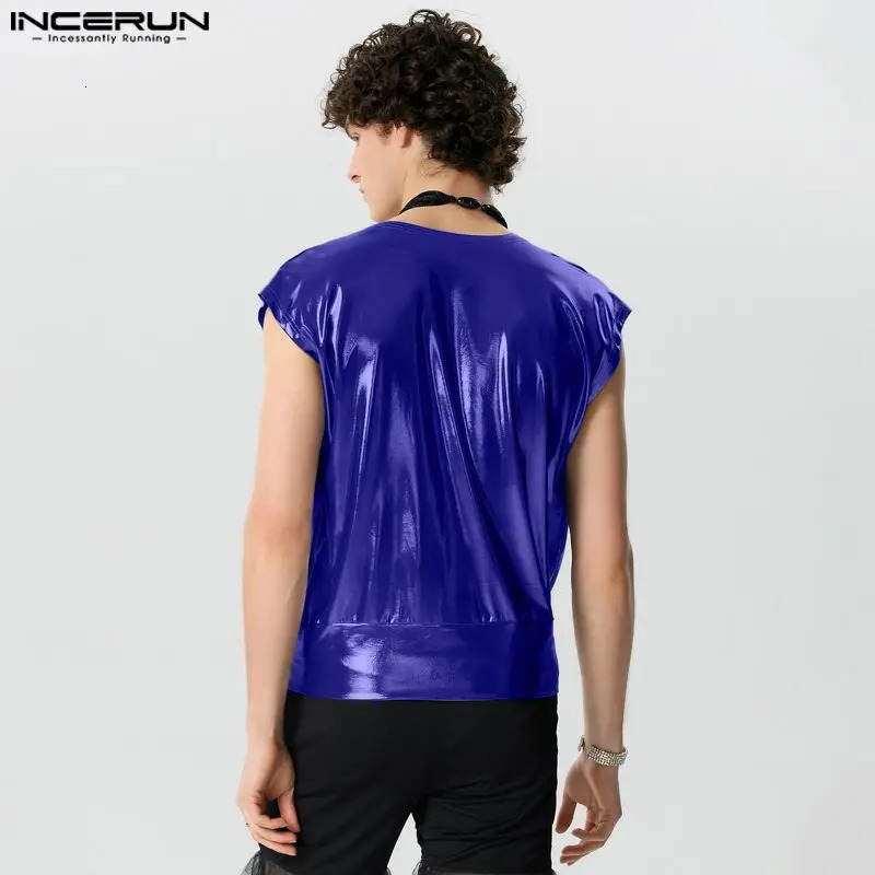 Mens Tank Top Sparkling V-neck Casual Mens Tank Top Solid Summer Fashion Mens S-5XL INCERUN 250402