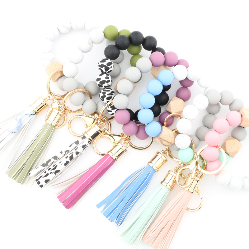Silicone Key Ring Bracelet Beaded Wrislet Keychain Portable House Car Keys Holder Wristlet Wrist for Women Bangle Cute Keyrings Chains Girls with Leat
