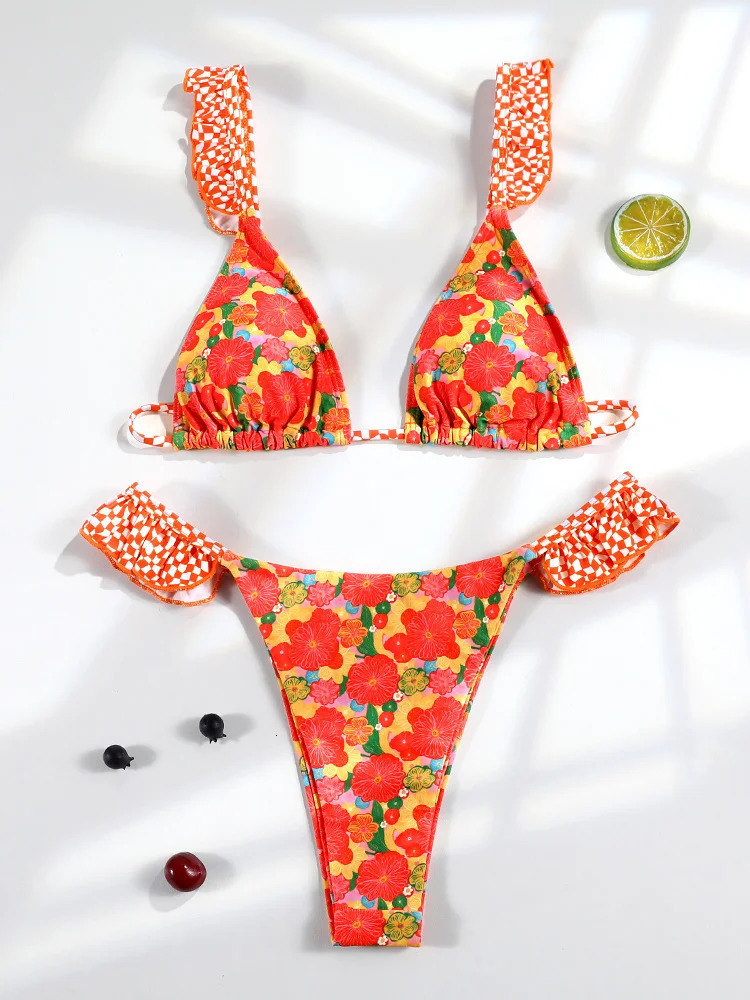 Miyouj printed swimsuit ruffled bikini triangle twopiece set low waist high cut 2024 Biquini Bandage 250408Z