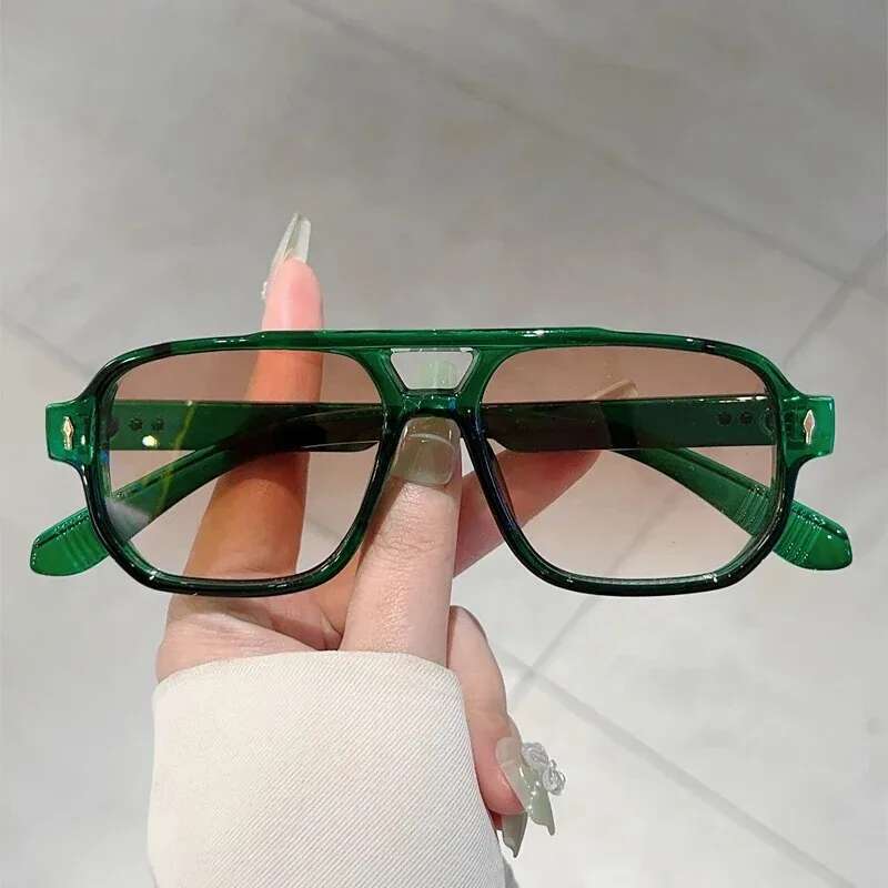 Vintage Double Bridges Men Square Sunglasses Fashion Green Ocean Lens UV400 Eyewear Women Trending Rivets Sun Glasses