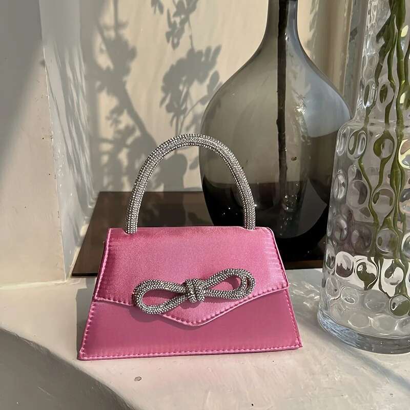 Chic Satin Evening Party Clutch Women's Elegant Shoulder Mini Square Bag, Glittering Rhie Bow Decor Prom Purse