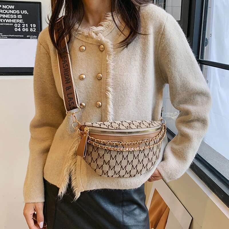 Fashion Pattern Fanny Packs For Women Stylish Letter Printed Chain Female Waist Pack Wide Strap Crossbody Bag Ll
