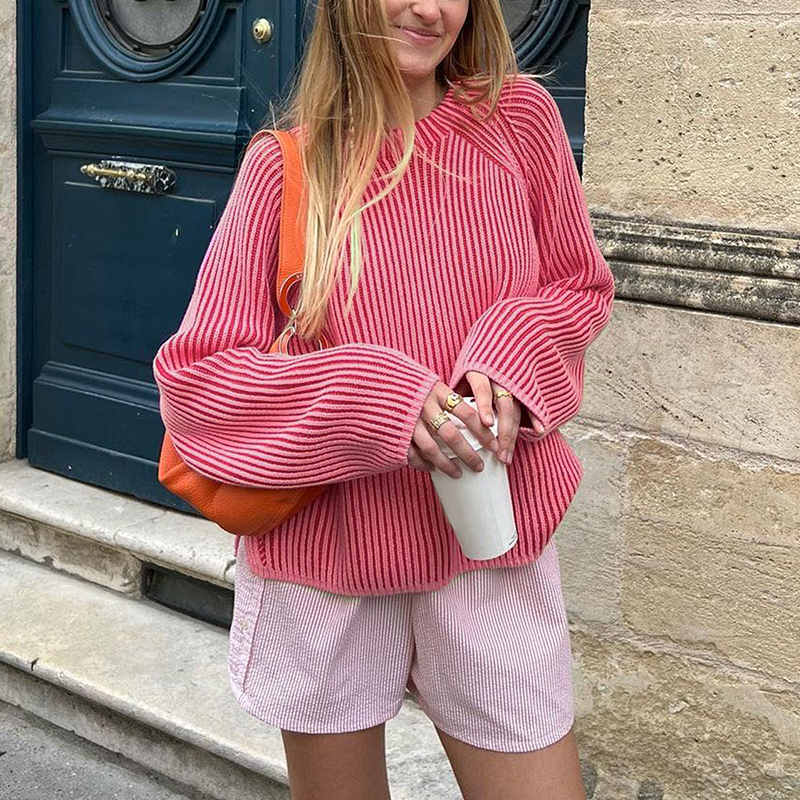 Fall clothes for women, women's two-tone design sweater, loose huge round neck casual comfortable and versatile pullover top, Valentine's Da