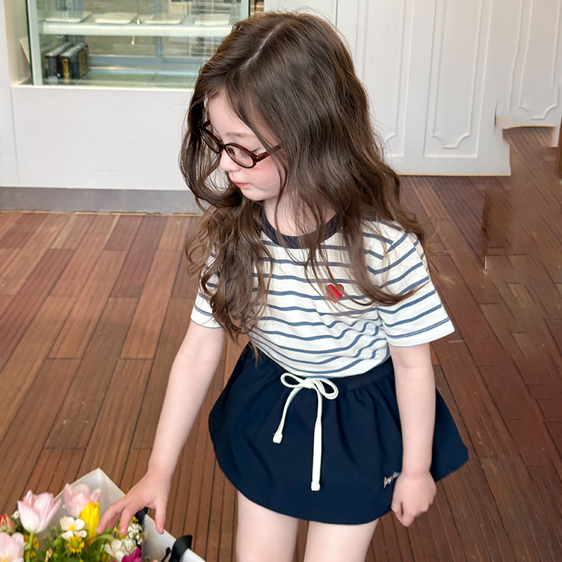 Ddmyshoesvip Children S Striped Short Summer Girls Korean Half Sleeve Stylish Contrast Embroidered Love T Shirt