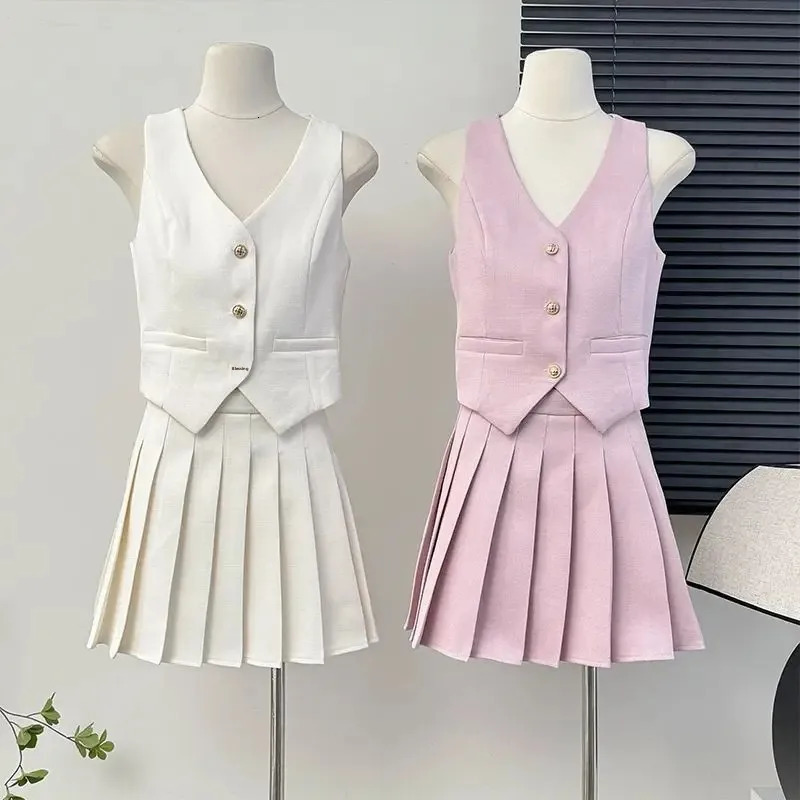 French Style Single Button Slit Suit Vest Womens High Waist Pleated Mini Skirt Two Piece Set Summer Fashion Elegant Classy 250408