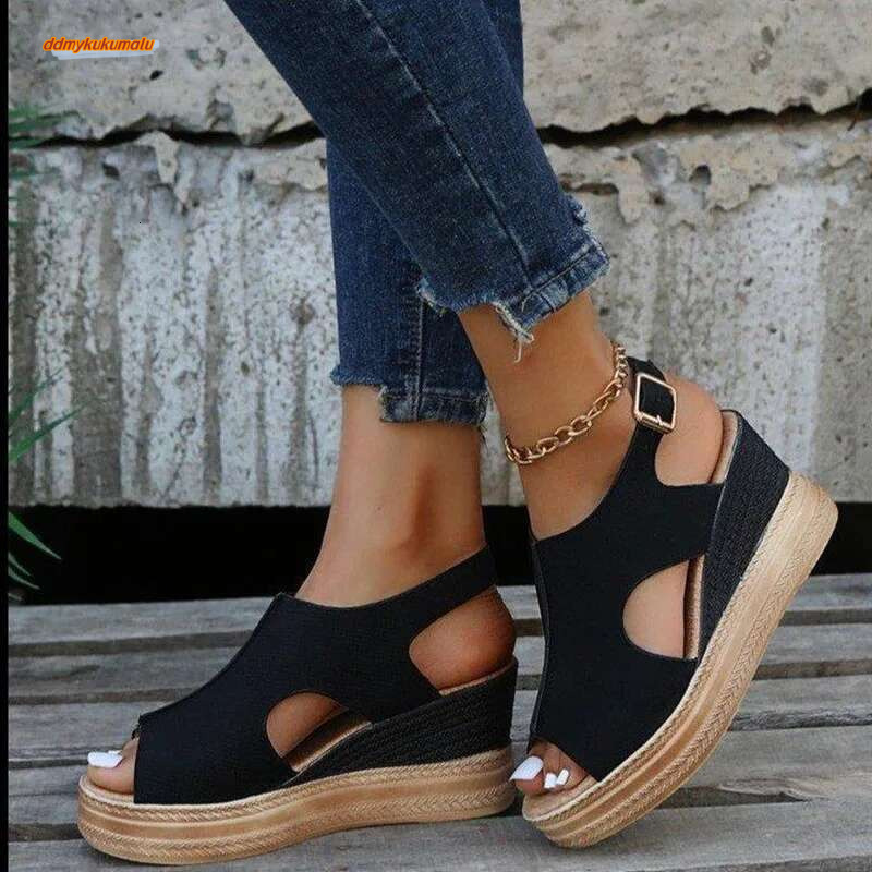 2023 New Casual Wedge Comfy Open Toe Glitter Color Golden Women's Summer High-heeled Sandals Sandalias De Mujer ddmykukumalu