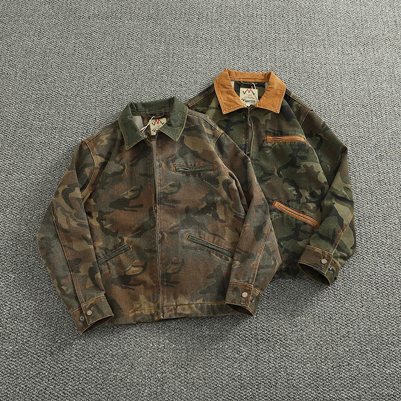 Mens Spring Casual Camouflage Jacket Retro Detroit Color Comparison Splicing Work Collar Heavy Cargo Jacket 250403