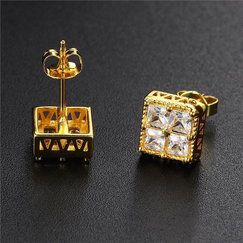 Delicate Square Cubic Zirconia Stud Earrings for Men 18K Real White Gold Plated White Crystal Earrings Luxury Hiphop Diamond Earring Party Birthday Ea