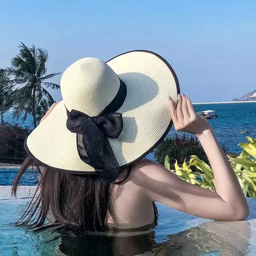 1 Pcs Summer Fashion Sun Hats Beach Flat Panama Lady Casual Wide Brim Straw Hat Beach Black Bow for Wen AccoriesC250407