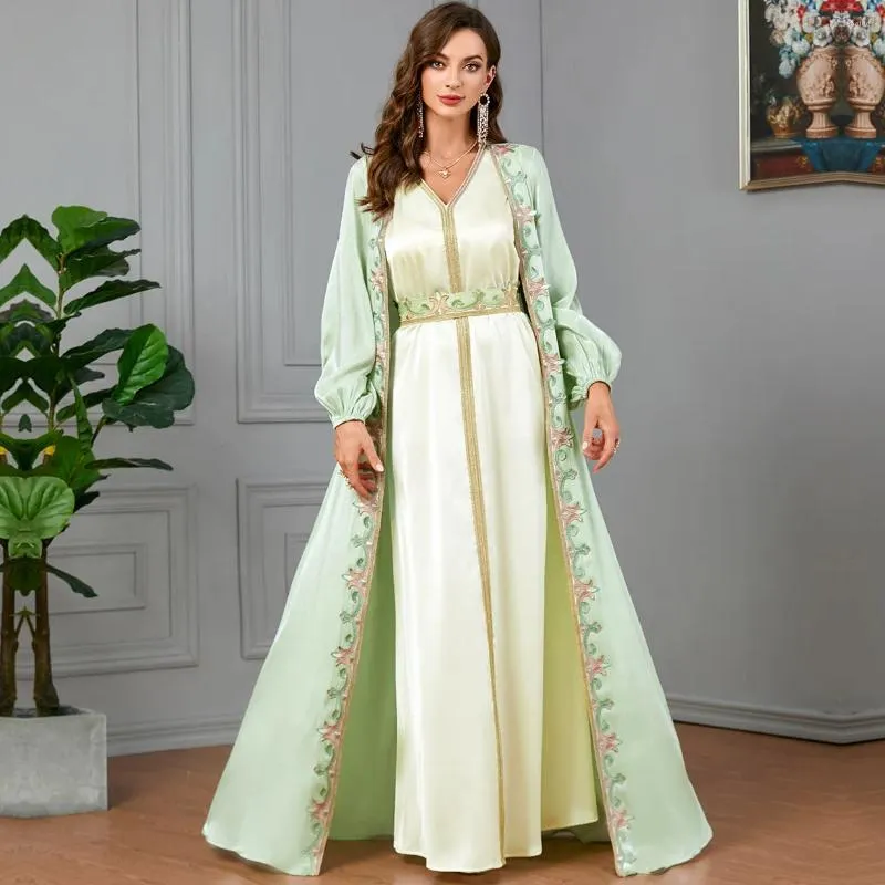 Ethnic Clothing Women Dress Set 2 Pieces Morocco Caftan Elegant Muslim Abaya Dubai Satin Kimono Cardigan Robe Beads Long Sleeve Abays