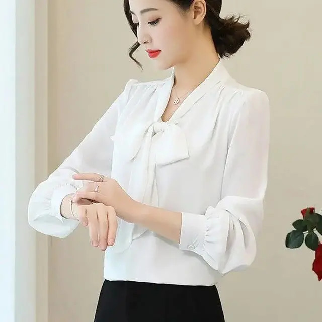 2025 Spring Shirt Chiffon Shirt Womens Korean Style Bow Temperament Top Fashionable and Slim 250408