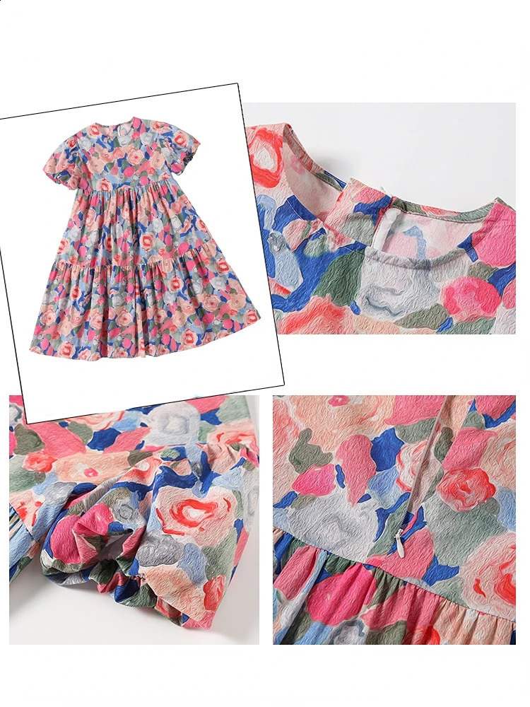 Summer Kids Floral Dresses for Girls Korean Loose Casual Dress Girl Clothing Cute Teenager Children Princess Dress 6 8 10 12 14Y 250408