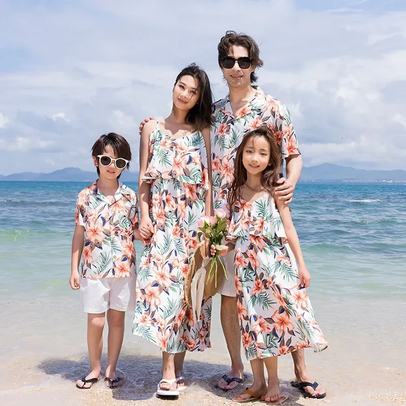Family Look Vacation Beach Clothing Mom Daughter Sleeveless Dress Dad Son Matching Floral Shirt Set Parent Child Holiday Clothes 250407