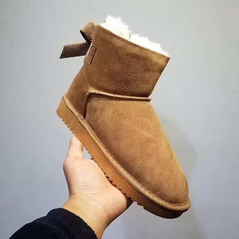 Designer shoes high quality genuine cowhide affordable luxury boots bow keep warm outdoor snow boots for woman size 34-43