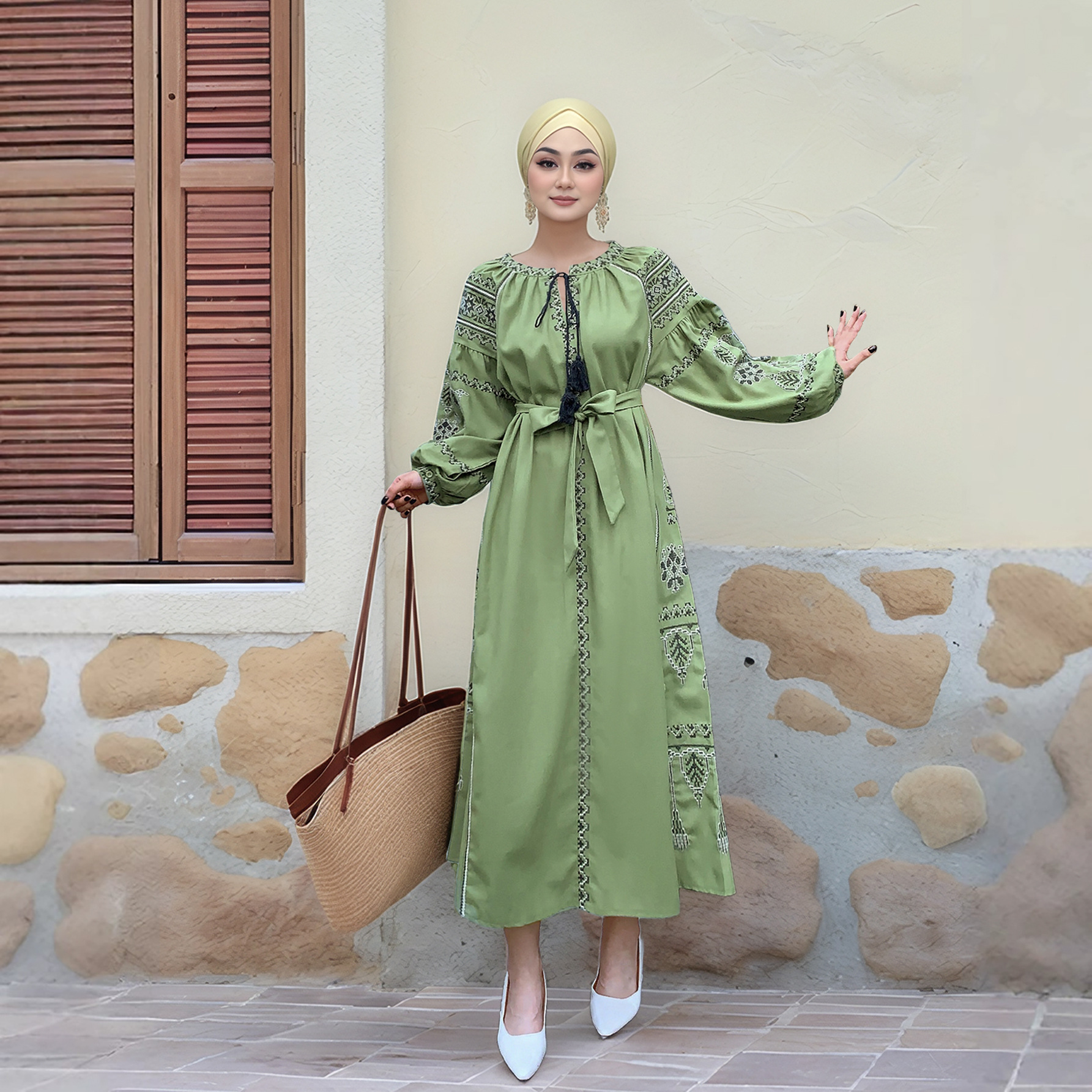 M Malay Indonesian Muslim Women S Heavy Duty Embroidered Lantern Sleeve Cotton Hemp Dress