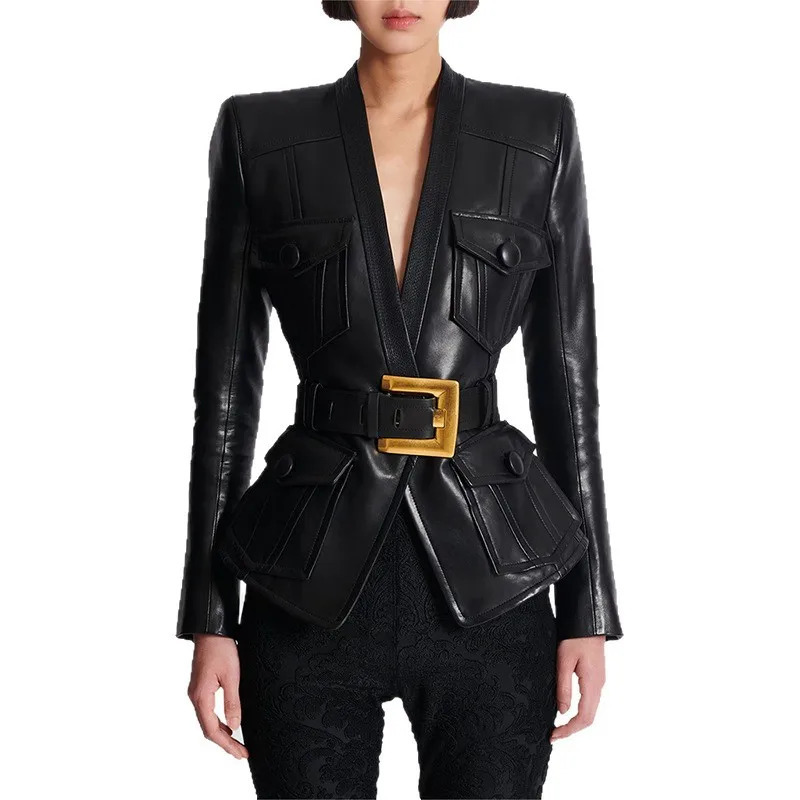 y and fashionable womens clothing belt slim fit leather jacket with multiple pockets motorcycle 251031 - view 6