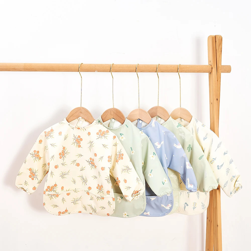HappyFlute Danish Style PU Fabric Cute Waterproof Long Sleeves With Snap Overalls Large Pockets Dirty Free Feeding Bib 250408