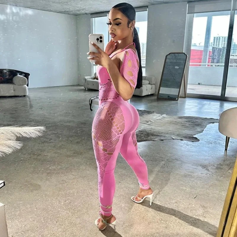 Sexy Hollow Out Sheer Skinny Jumpsuit Women Solid Halter Lace Up Short Sleeve Diamonds High Waist Y2k Rompers Club Streetwear 250407